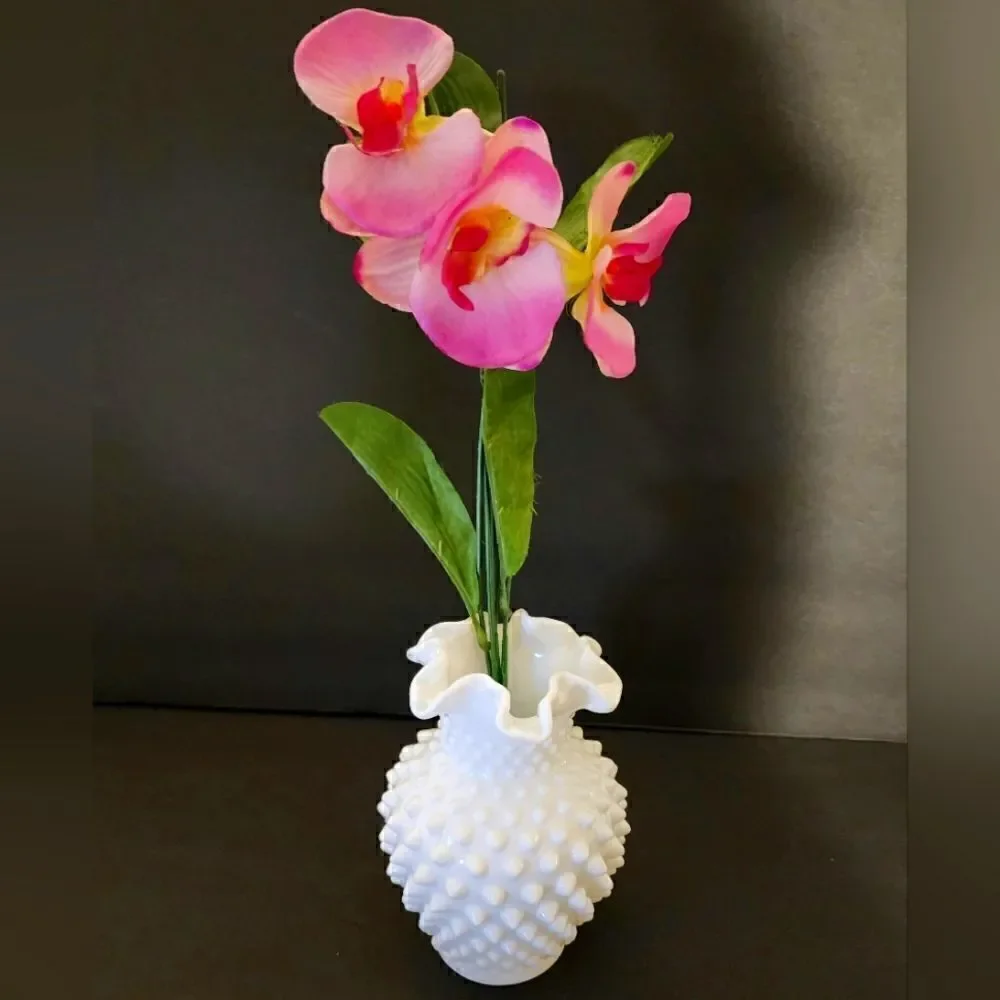 Vintage ruffled hobnail milk glass vase